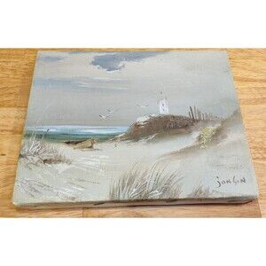 Painting "8x10" Beach, Seagull, Boat and Lighthouse Scene On Canvas-Jonson